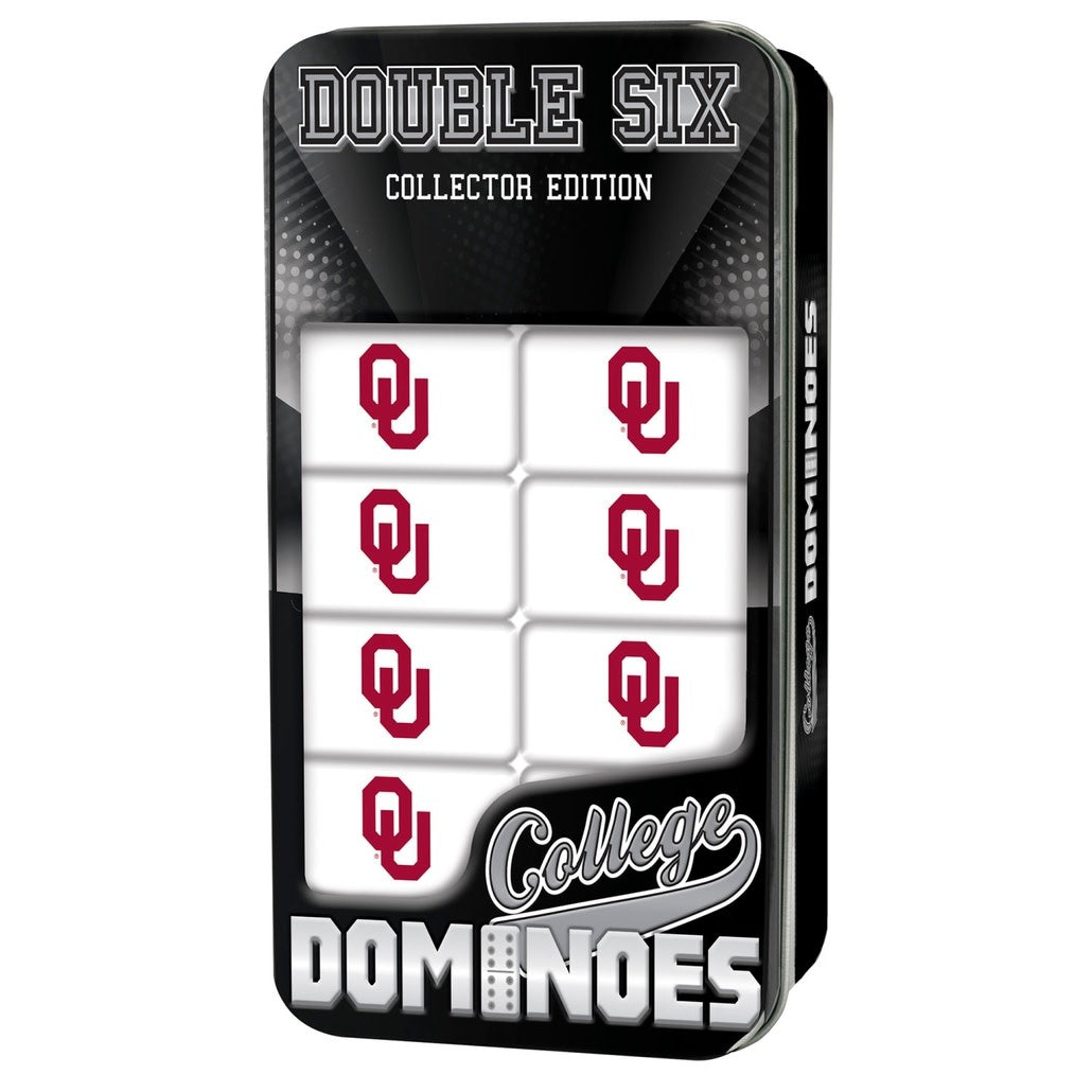 Oklahoma Sooners NCAA double-sixes domino set in a collectible tin box with resin pieces featuring team logos.
