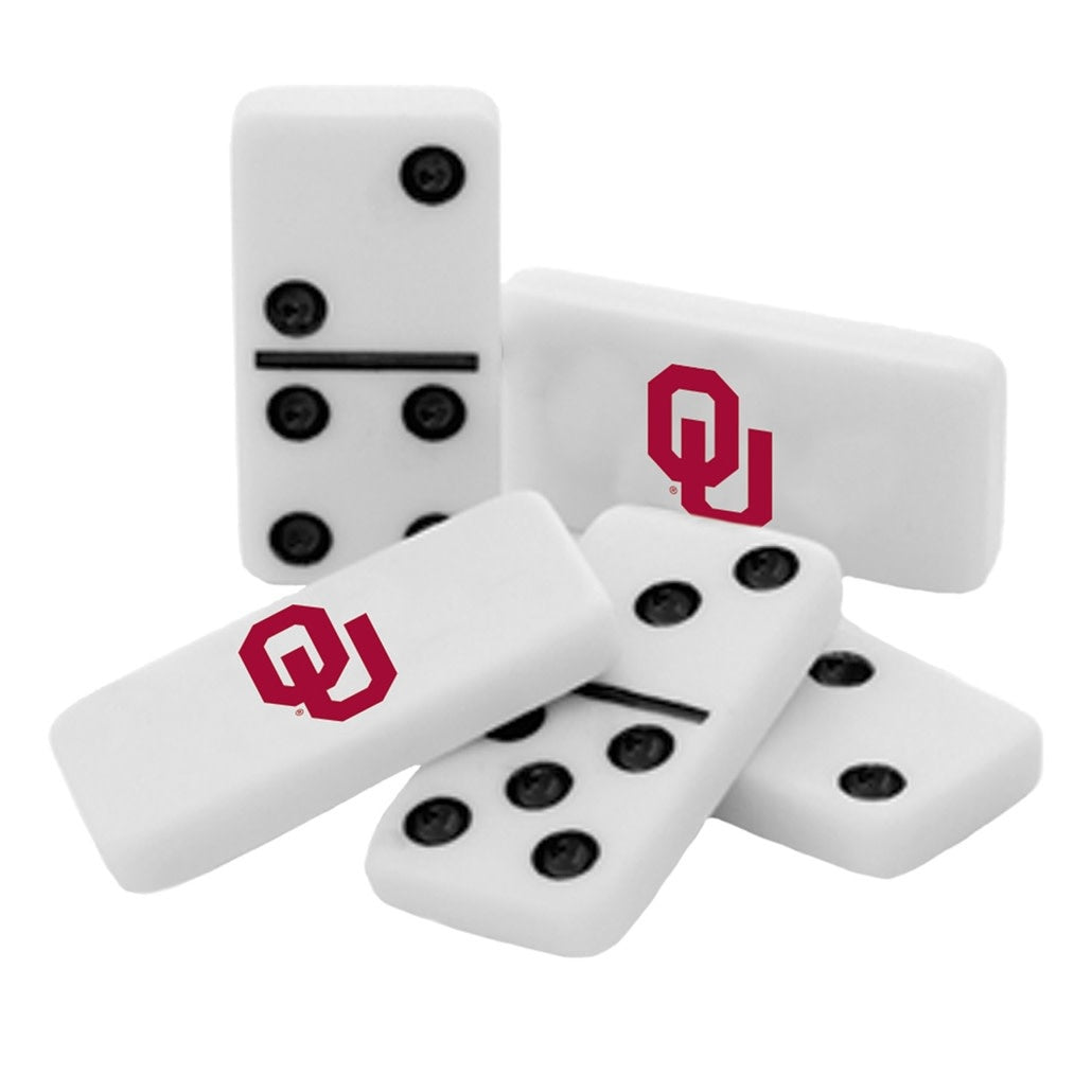 Oklahoma Sooners NCAA double-six dominoes in a collectible tin box with resin pieces featuring team logos.