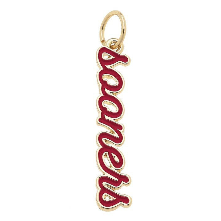Oklahoma Sooners enamel script charm in triple gold plating with cursive team logo design