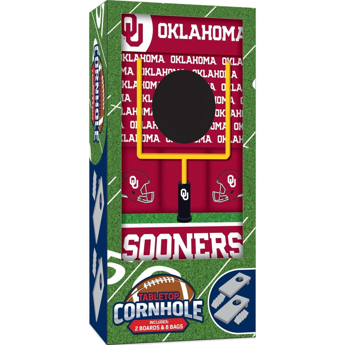 Wooden tabletop cornhole game in Oklahoma Sooners navy blue and crimson with official team logo
