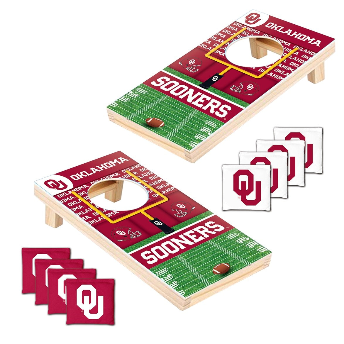Wooden tabletop cornhole game with Oklahoma Sooners logo in team colors