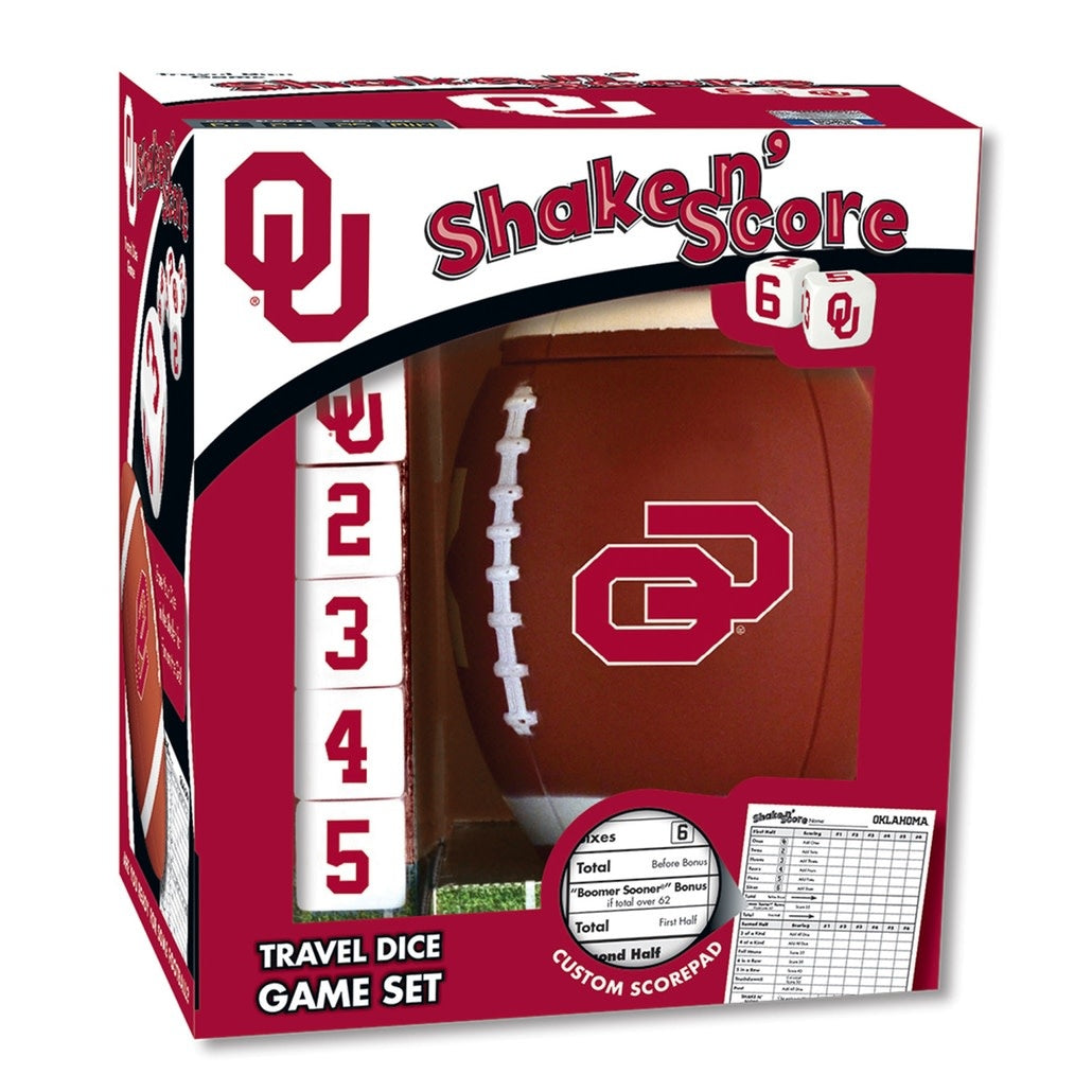 Oklahoma Sooners NCAA Shake N' Score dice game with team cup, five dice, and score pad.