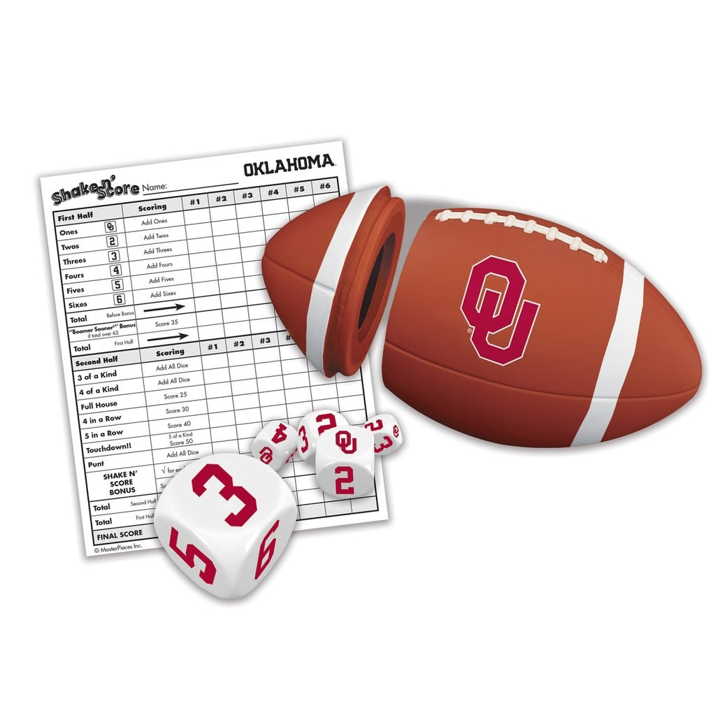 Oklahoma Sooners NCAA Shake N' Score dice game with team cup, five white dice, and score pad.