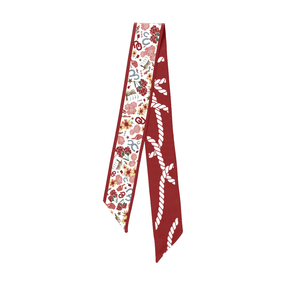 Oklahoma Sooners skinny scarf in blue silk twill with double-sided team logo pattern.