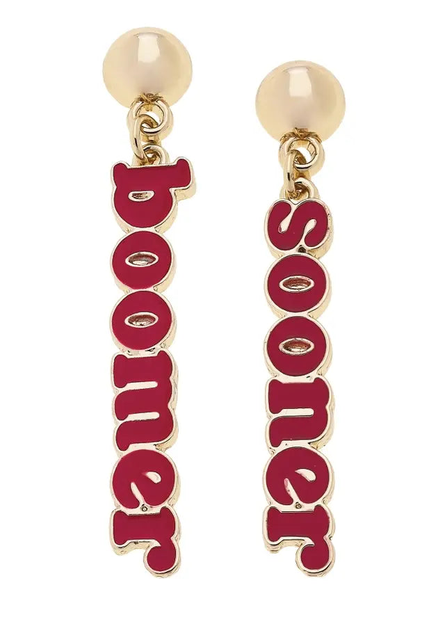 Oklahoma Sooners slogan earrings with crimson enamel logo in shiny gold frame