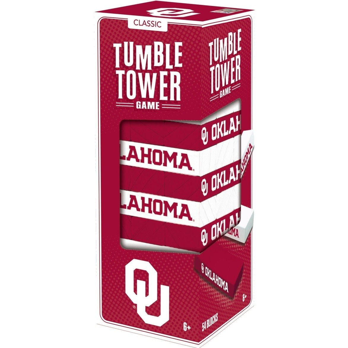 Wooden Oklahoma Sooners Tumble Tower game with team-themed blocks stacked in a tower.