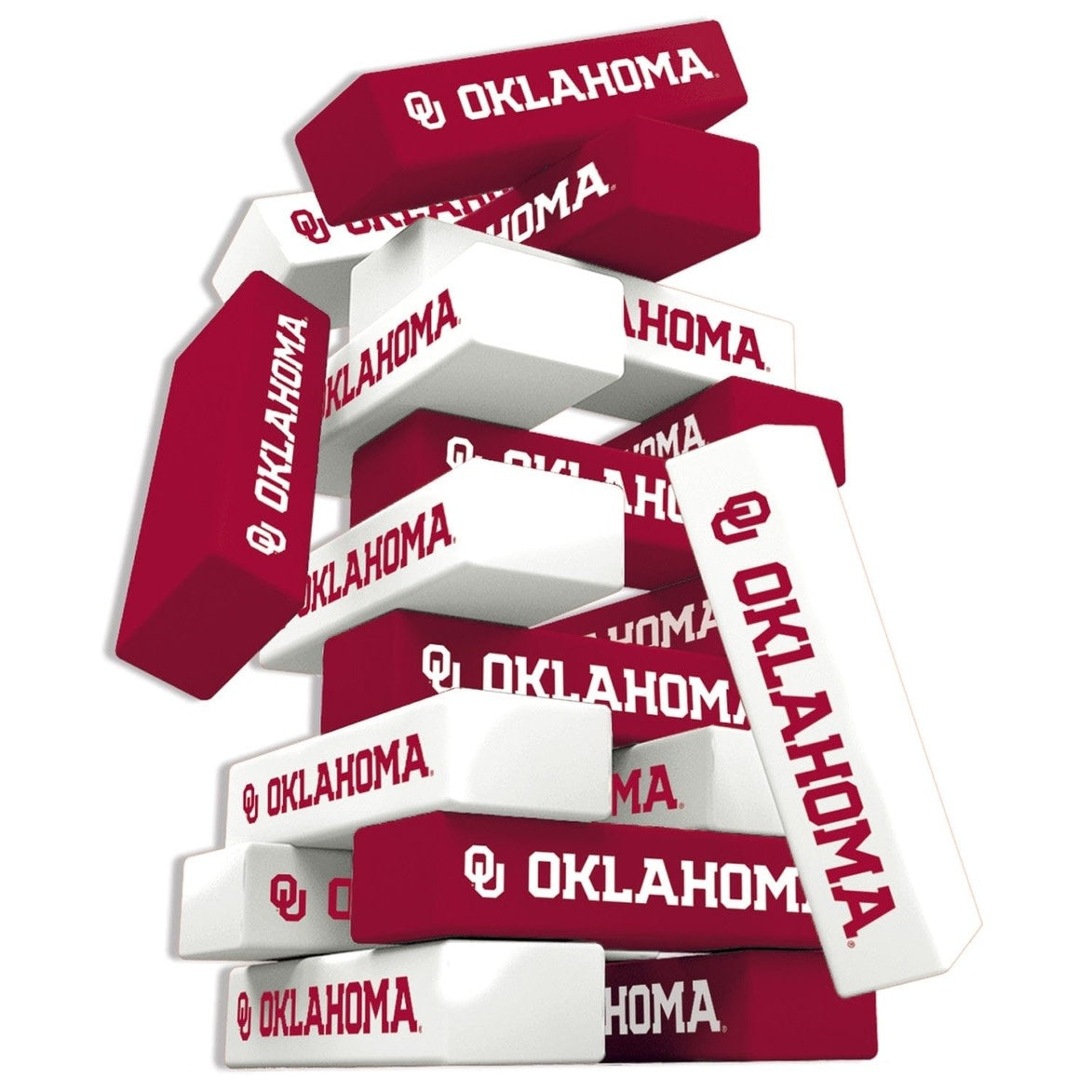 Wooden Oklahoma Sooners Tumble Tower game with team-themed blocks stacked in a tower.