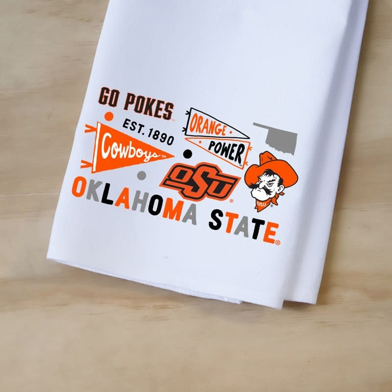 Oklahoma State Collegiate Cluster tea towel with team logo pattern on white fabric