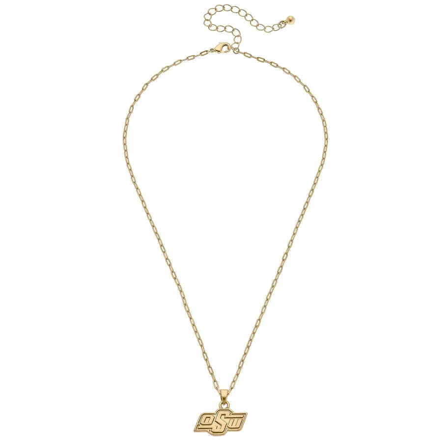 Oklahoma State Cowboys pendant necklace with gold plating on a chain featuring an adjustable length.