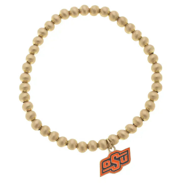 Oklahoma State Cowboys ball bead stretch bracelet in satin gold enamel with team logo.