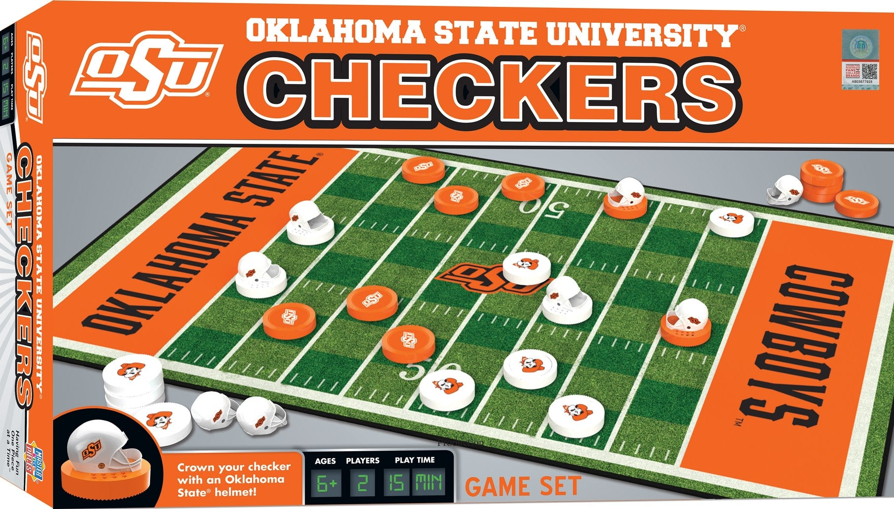 Oklahoma State Cowboys checkers board game with team logo pieces on a black and white grid.