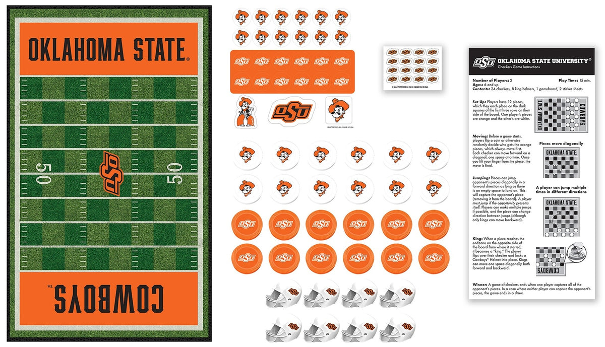 Oklahoma State Cowboys checkers board game with black pieces on a wood-patterned grid.