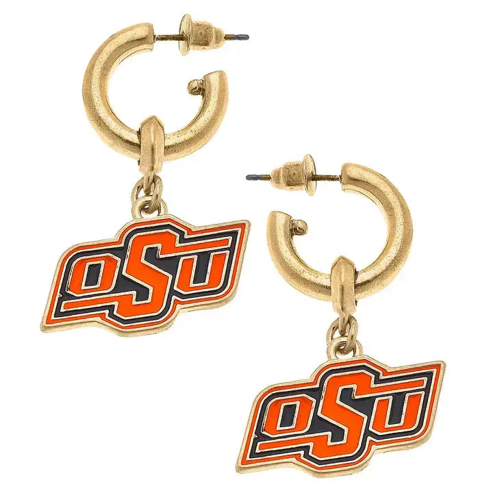 Oklahoma State Cowboys enamel drop hoop earrings with worn gold plating featuring the university logo.