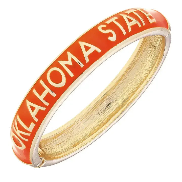 Orange enamel hinge bangle bracelet with gold plating featuring Oklahoma State Cowboys logo