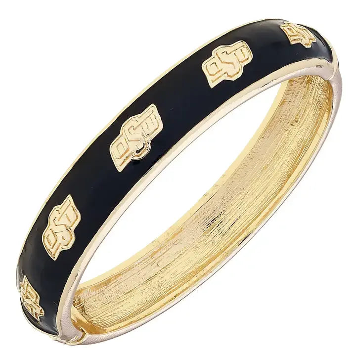 Black enamel hinge bangle bracelet featuring the Oklahoma State Cowboys logo.