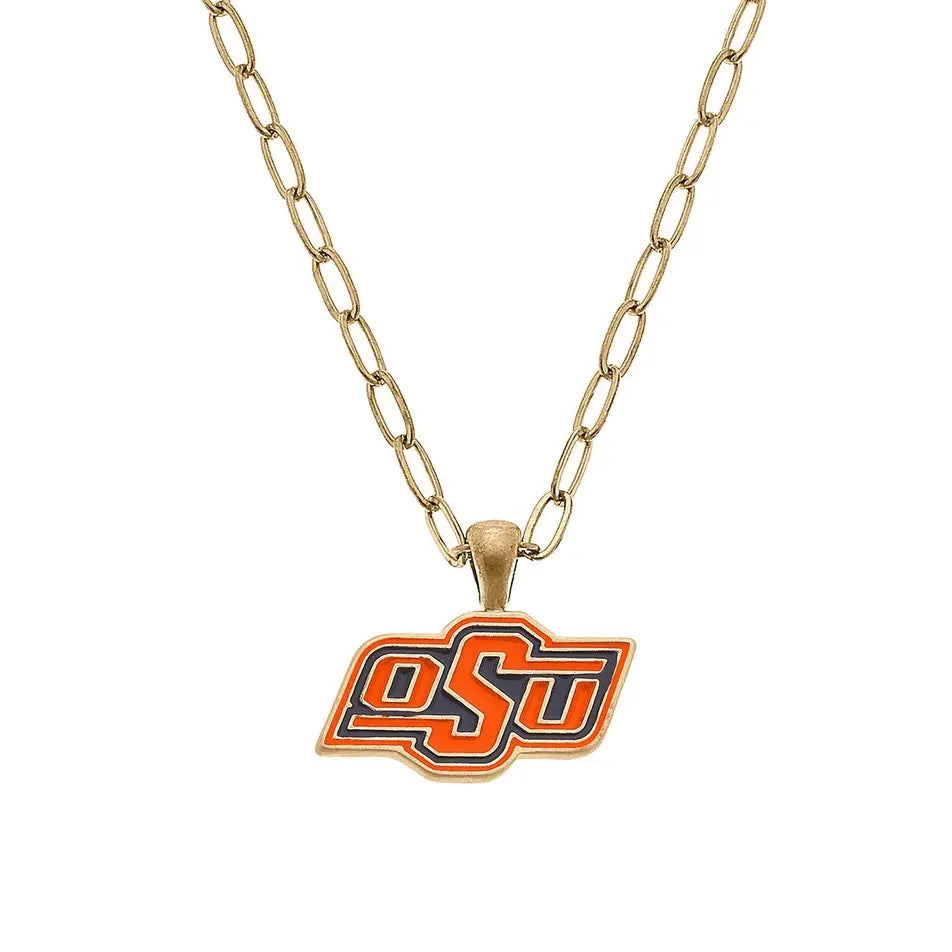 Oklahoma State Cowboys enamel pendant necklace with worn gold plating on a silver chain