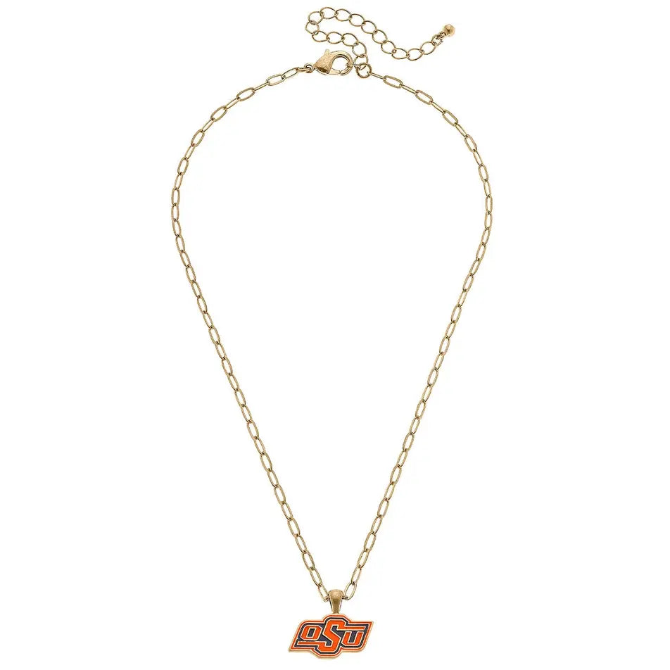 Oklahoma State Cowboys enamel pendant necklace with worn gold plating on a silver chain.