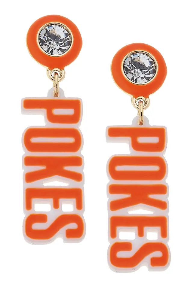 Orange resin block letter earrings spelling 'Pokes' with gold-plated base metal.