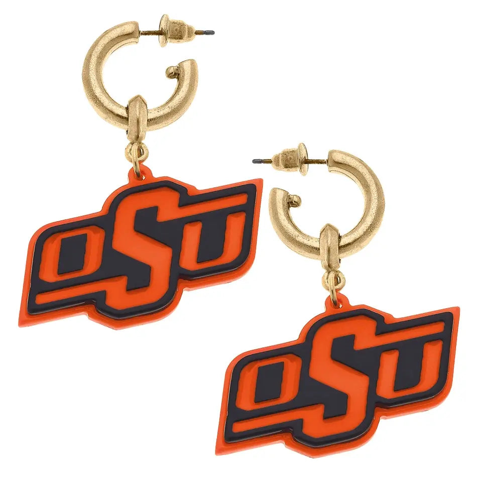 Oklahoma State Cowboys resin drop hoop earring with team logo in gold and navy blue