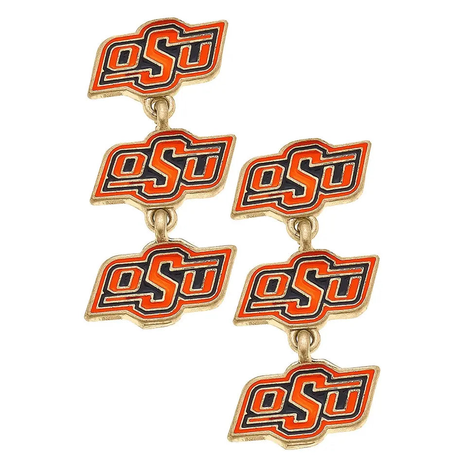 Oklahoma State Cowboys triple drop enamel earrings in orange with worn gold plating