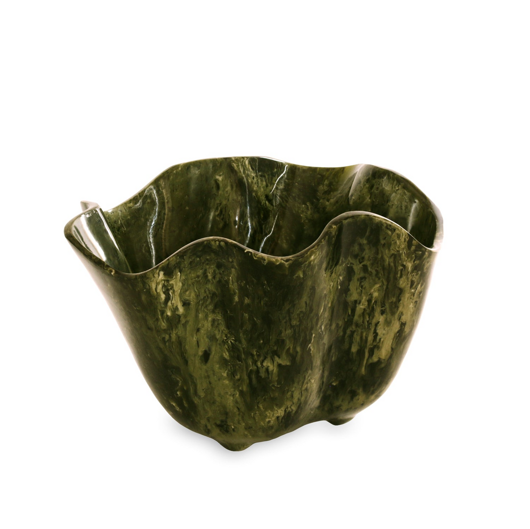 Green malachite-patterned resin ice bucket with a wavy, organic rim and footed base.