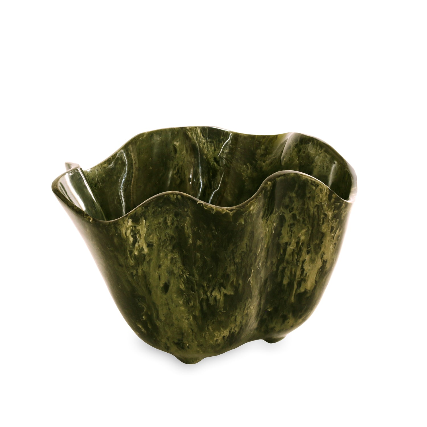 Green malachite-patterned resin ice bucket with a wavy, organic rim and footed base.