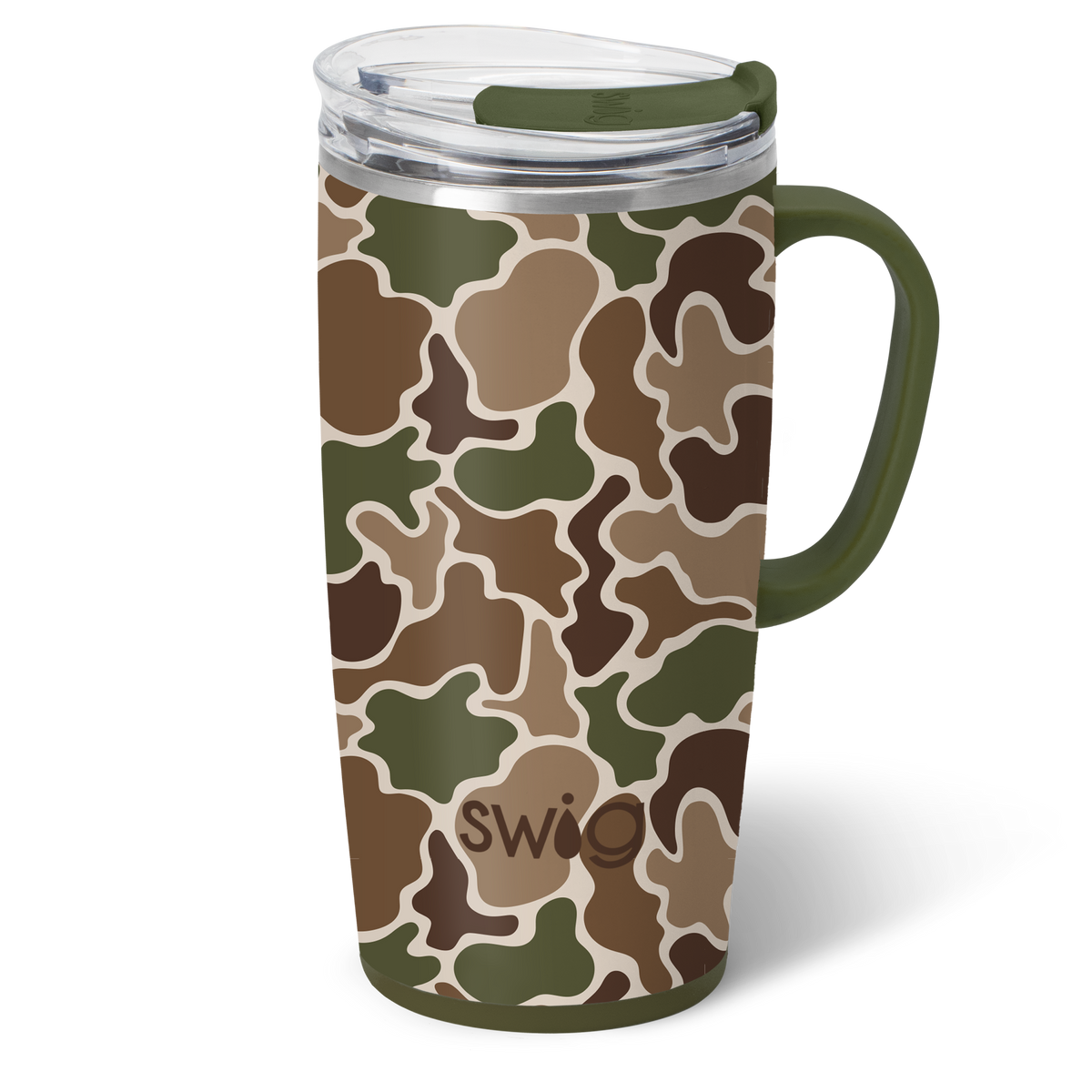 Silver stainless steel travel mug with a black silicone base and lid.