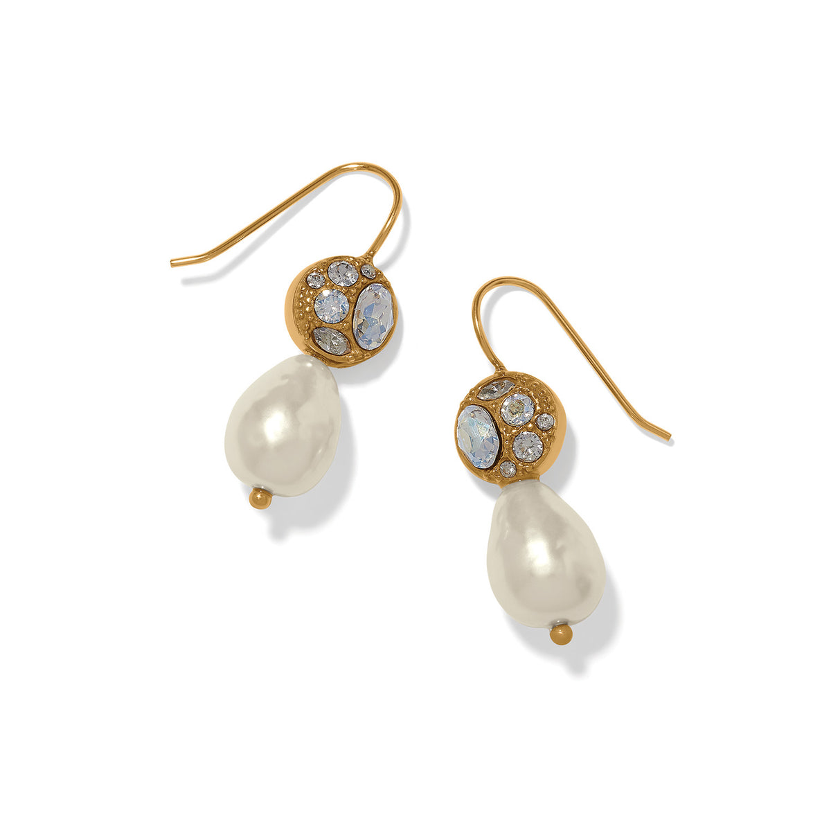 Gold-plated French wire earrings featuring crystal-studded discs and white baroque pearl drops.