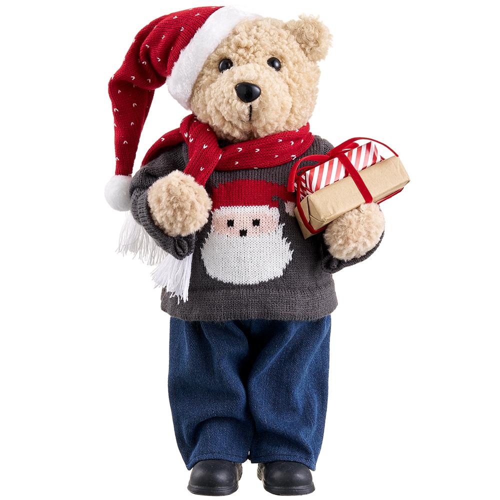 16-inch plush holiday bear wearing a Santa hat, scarf, and sweater, holding wrapped gift boxes.