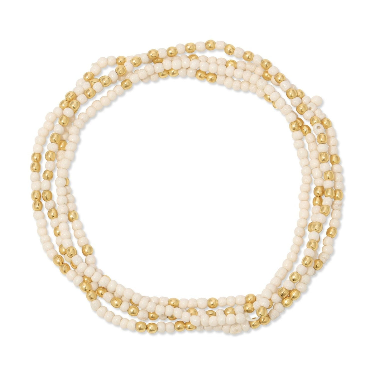 Stretch bracelet with an 18k gold plated brass base featuring a pattern of small 2mm seed beads.