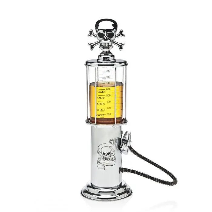 Silver gas pump liquor dispenser with skull and crossbones topper and 30oz acrylic reservoir.