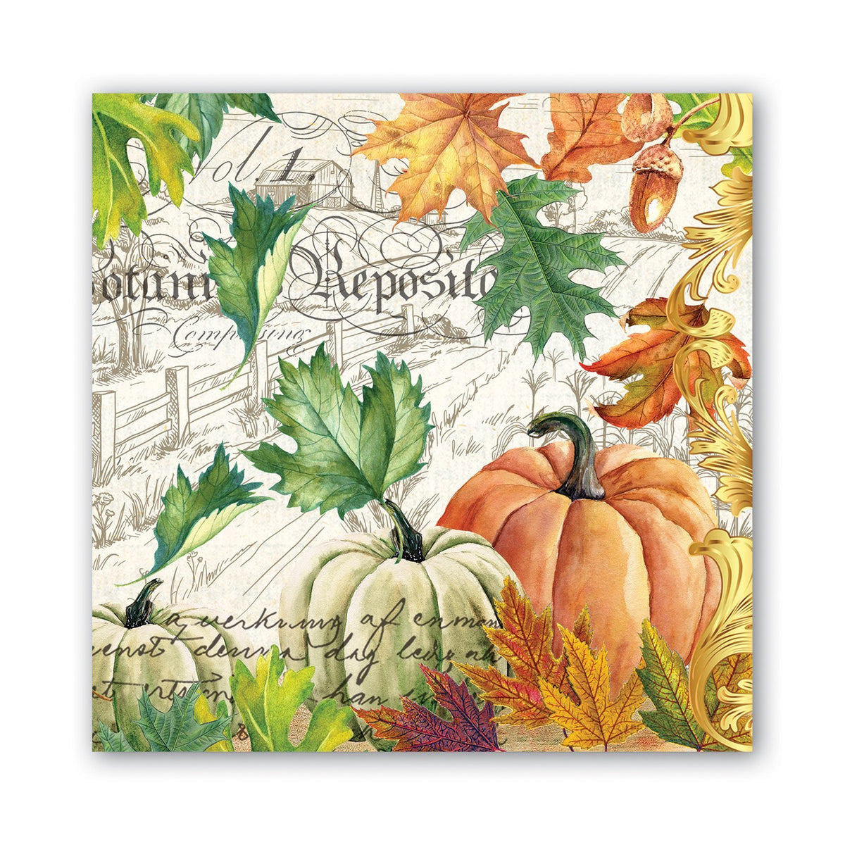 Luncheon napkin featuring a fall harvest design with pumpkins, autumn leaves, and vintage script.