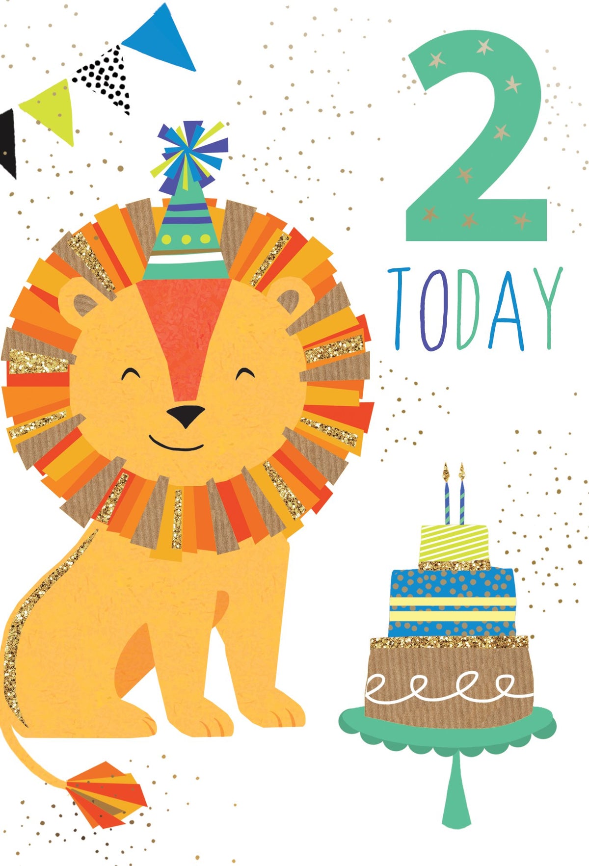 Sara Miller 2nd birthday card featuring a lion with glitter foil accents.