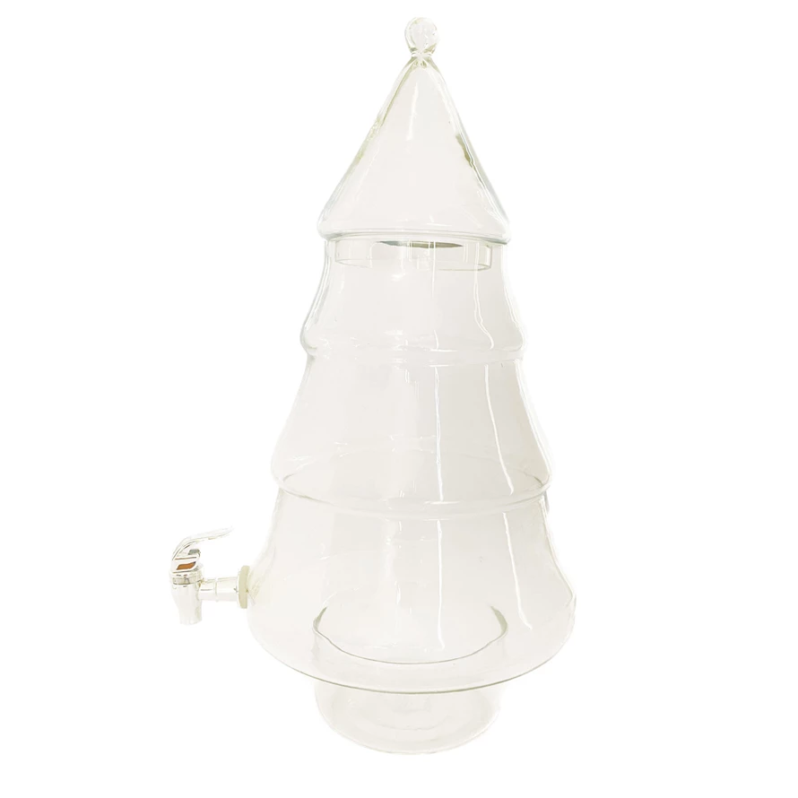 8 qt recycled glass beverage dispenser in a tiered Christmas tree shape with a silver spout.