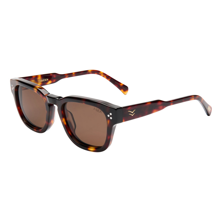 Camden sunglasses with tortoise shell acetate frames and brown polarized lenses.