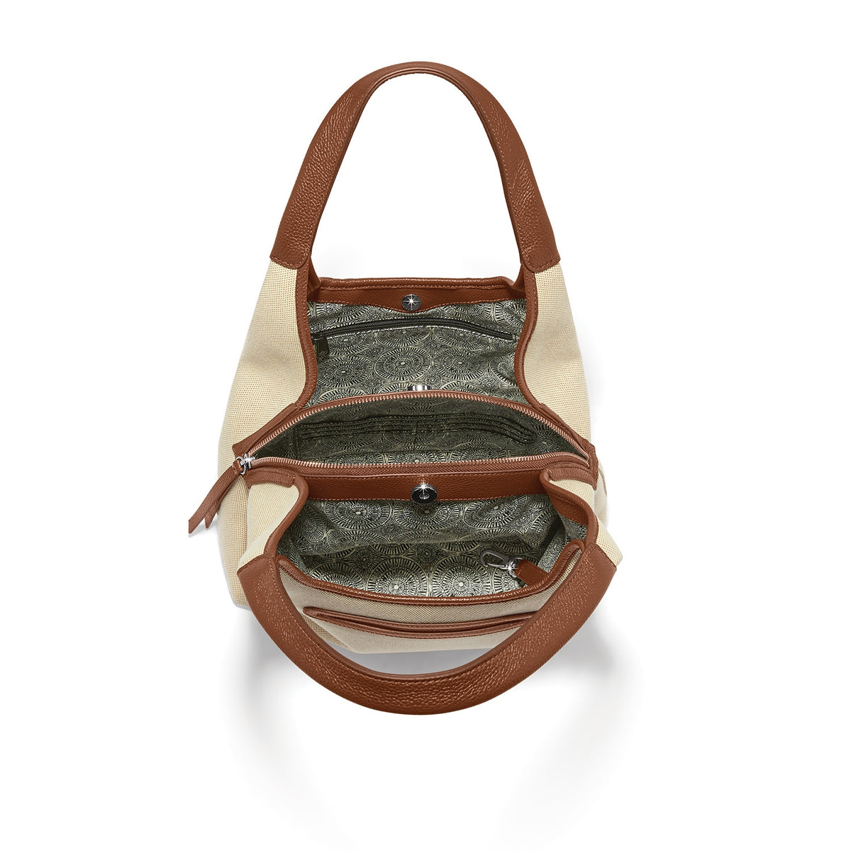 Interior view of the Brighton Selene Canvas Shoulder Bag showing patterned lining and pockets.