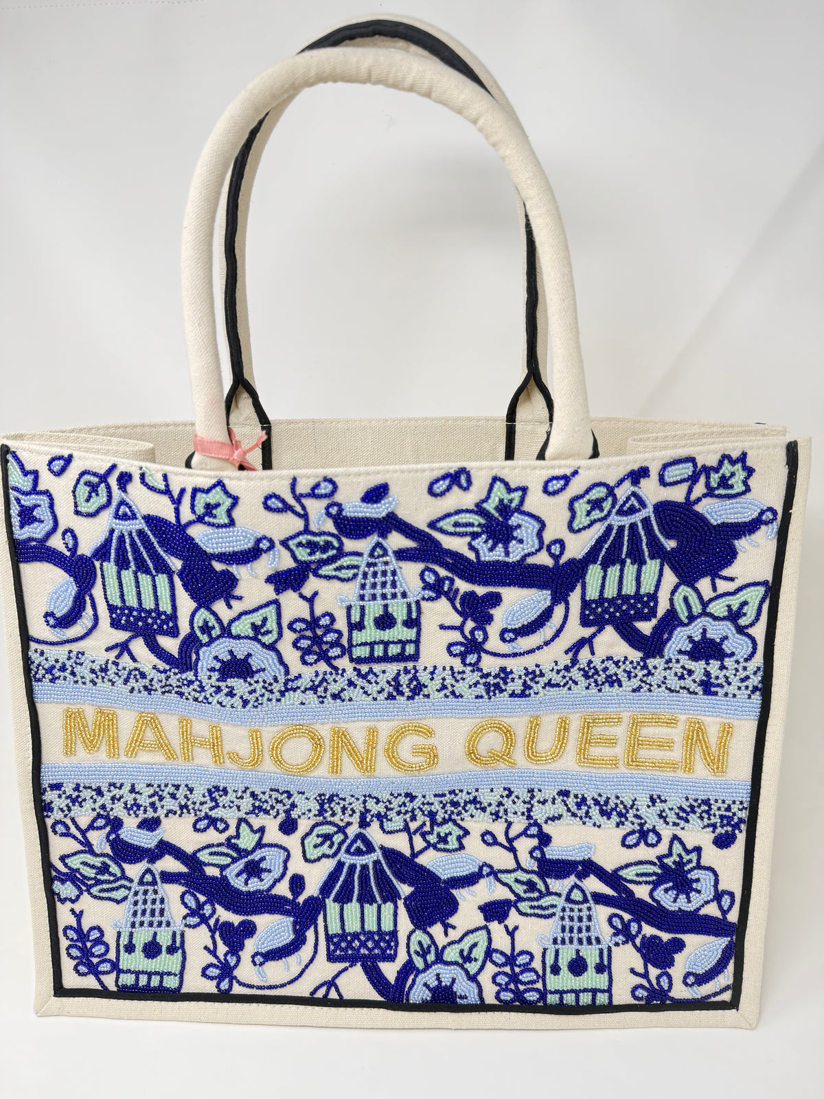 Hand-beaded canvas tote bag with blue pagoda and floral designs and gold 'MAHJONG QUEEN' text.