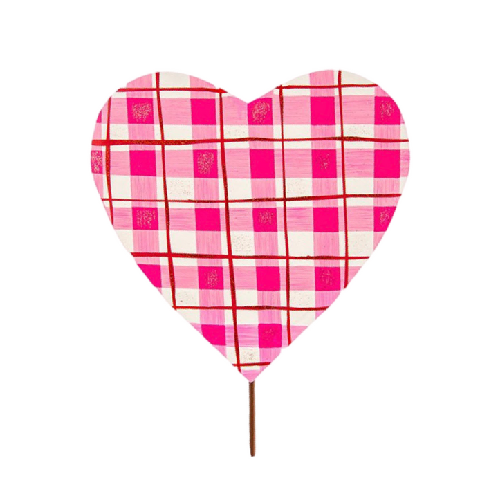 Metal garden stake with a pink cherry heart shape on top.