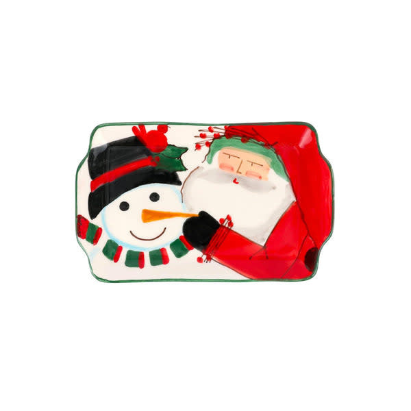 White Terra Bianca rectangular plate featuring Old St. Nick with snowmen friends wearing hats and scarves.