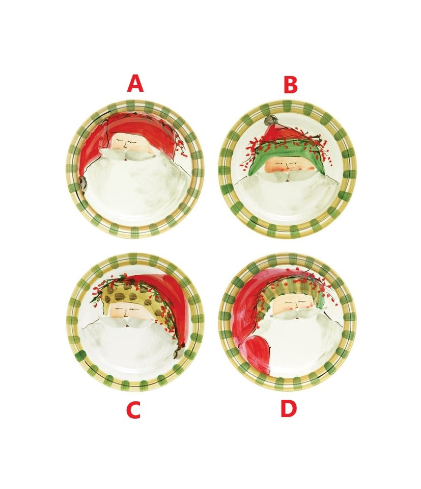 White earthenware dinner plate featuring Old St. Nick in a holiday outfit with handpainted details.