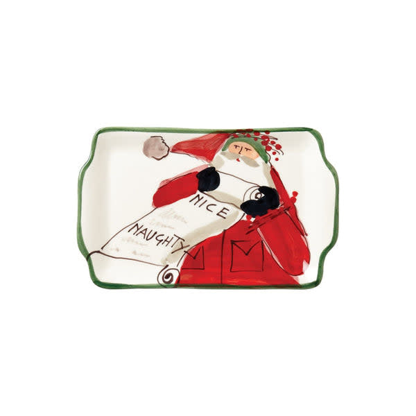 White earthenware rectangular plate with handpainted Old St. Nick Christmas pattern.