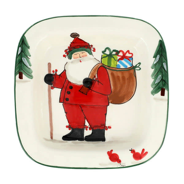 Small square Terra Bianca platter with handpainted Old St. Nick holiday designs and rimmed edge.