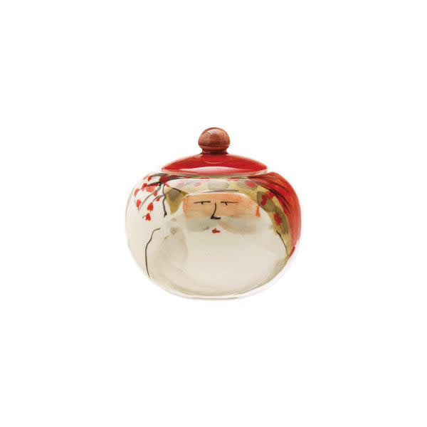 White earthenware sugar bowl with handpainted Old St. Nick Sugar artwork by Alessandro Taddei.