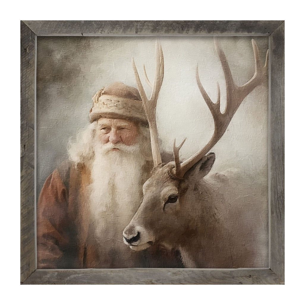 Natural wood frame holding a portrait print of Old World Santa on matte art paper.