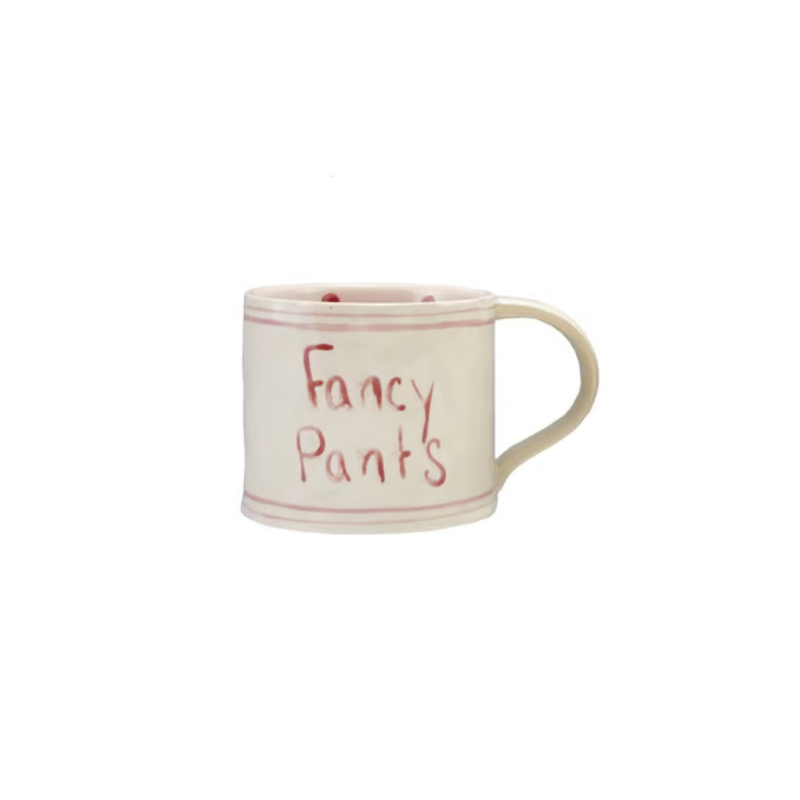 Hand-painted stoneware mug with pink stripes and red text reading Fancy Pants.