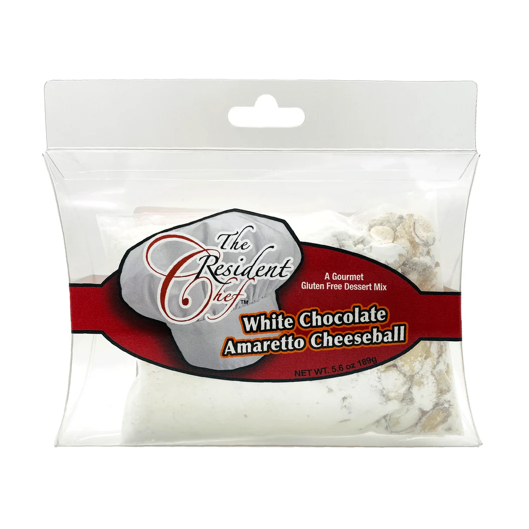 The Resident Chef White Chocolate Amaretto Cheeseball dessert mix in a clear plastic pouch.