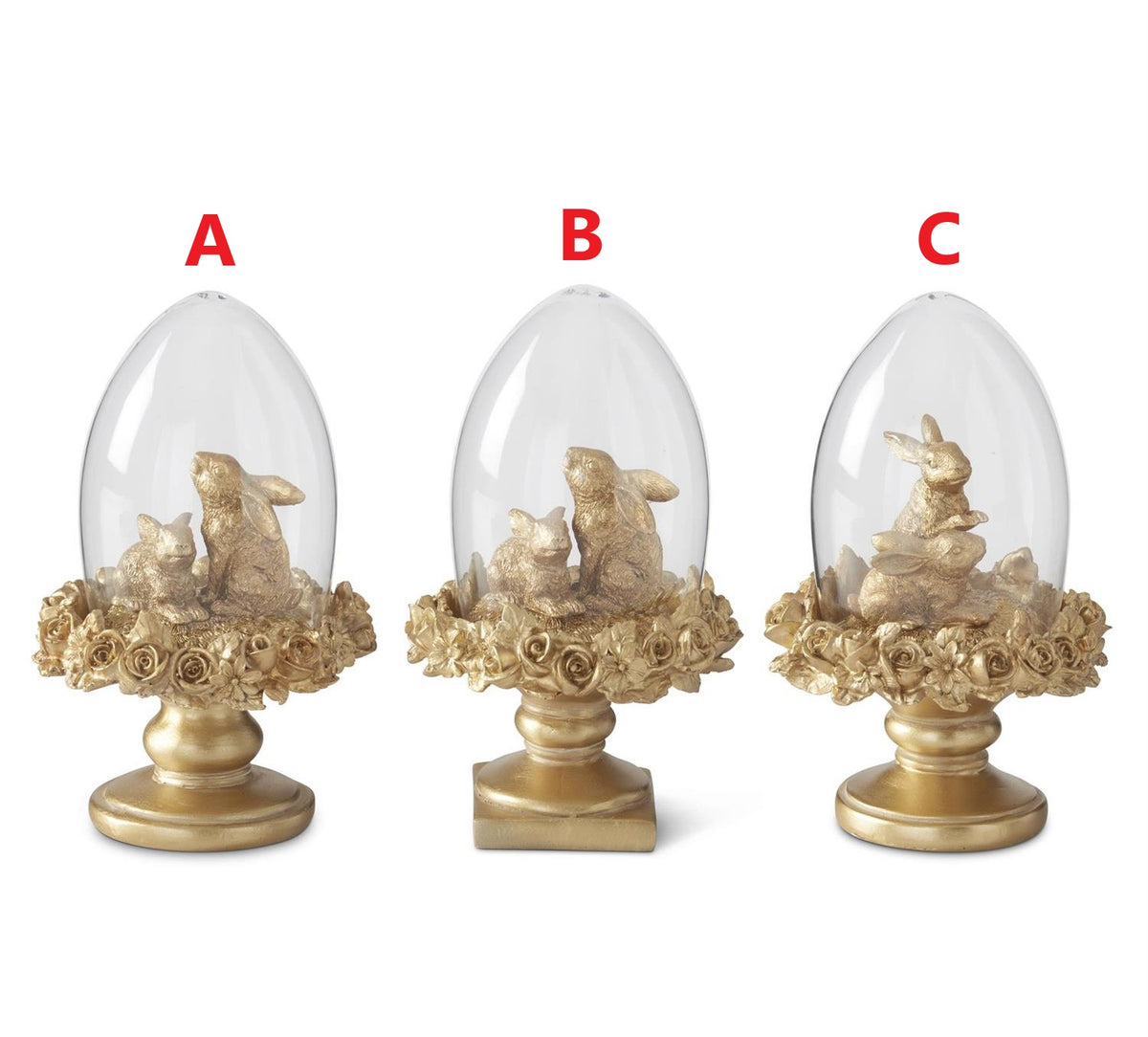 Gold resin Easter bunny egg cloche topiary with a decorative dome cover.