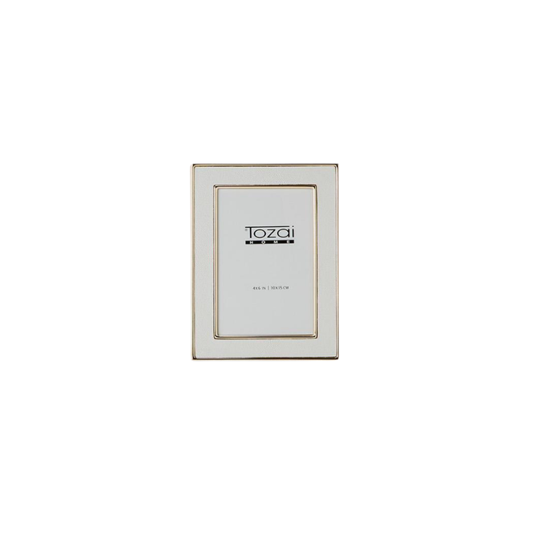 Astor Shagreen Photo Frame in white faux leather with gold steel trim and glass insert.