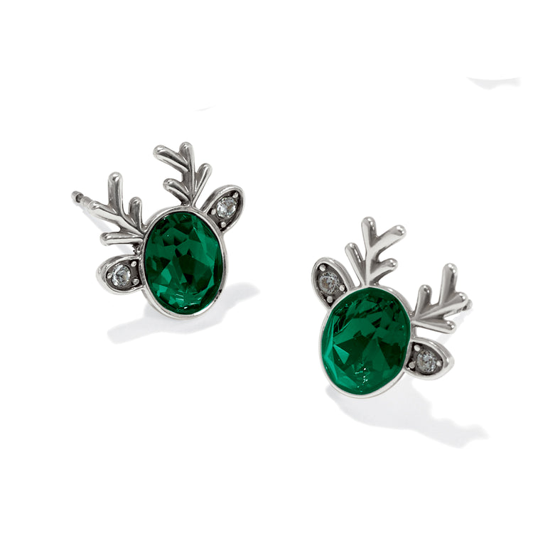 Silver-plated mini post earrings featuring a green crystal reindeer head with glitzy finish.