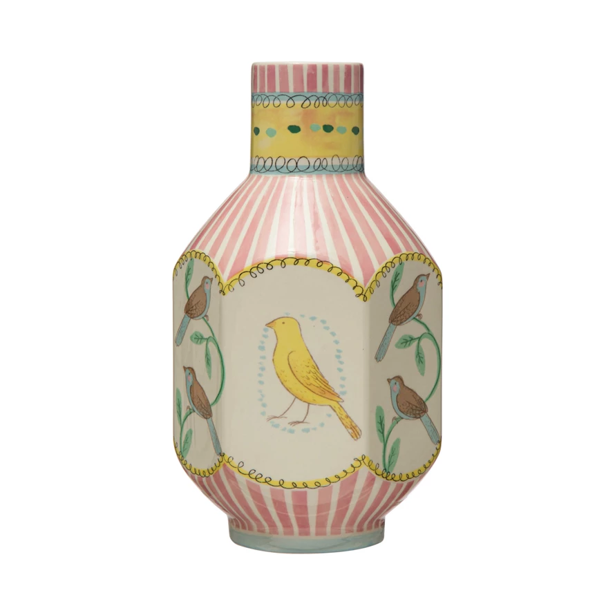Tall ceramic vase in dolomite with a bird motif on its surface.